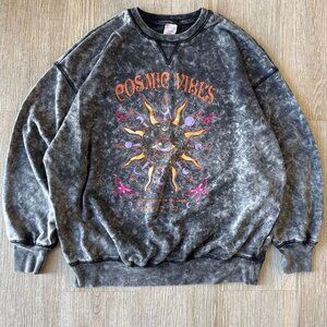 Cosmic Vibes Acid Wash Graphic Sweatshirt M (7-9) | Y2K Mystic Sun Moon Crewneck